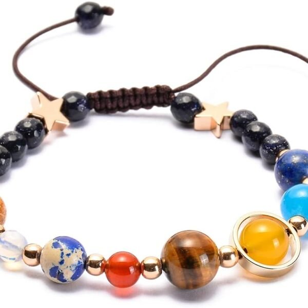 Beaded bracelet featuring multicolored stone beads and gold accents, with an adjustable brown cord and star-shaped details on each side.
