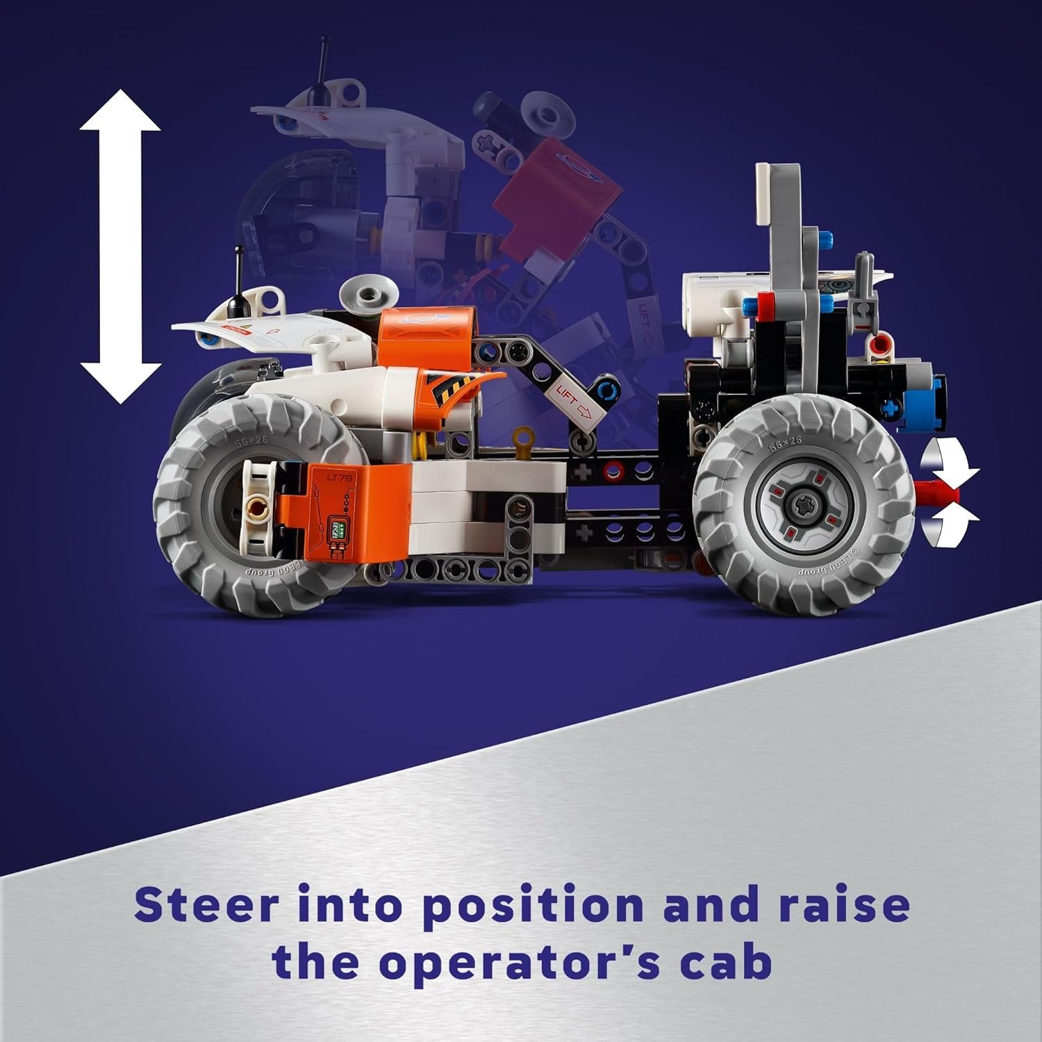 A LEGO tractor model with arrows indicating steering movement and the raising of the operator's cab, set against a blue background with instructional text.