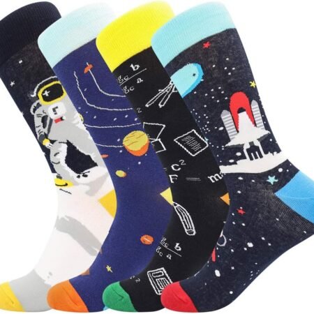 Four pairs of colorful socks with space-themed designs, including an astronaut, planets, math formulas, a rocket, and stars.
