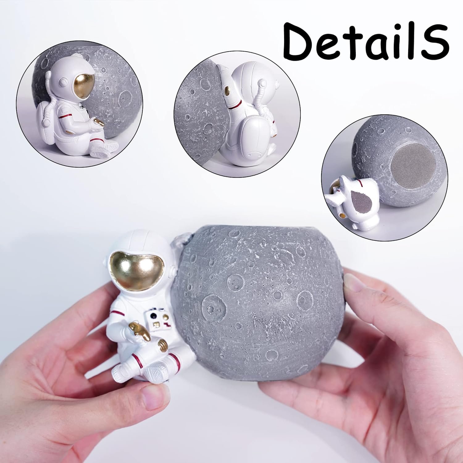 A small astronaut figurine with a gold visor sits beside a moon-shaped planter, shown from multiple angles to display its details.