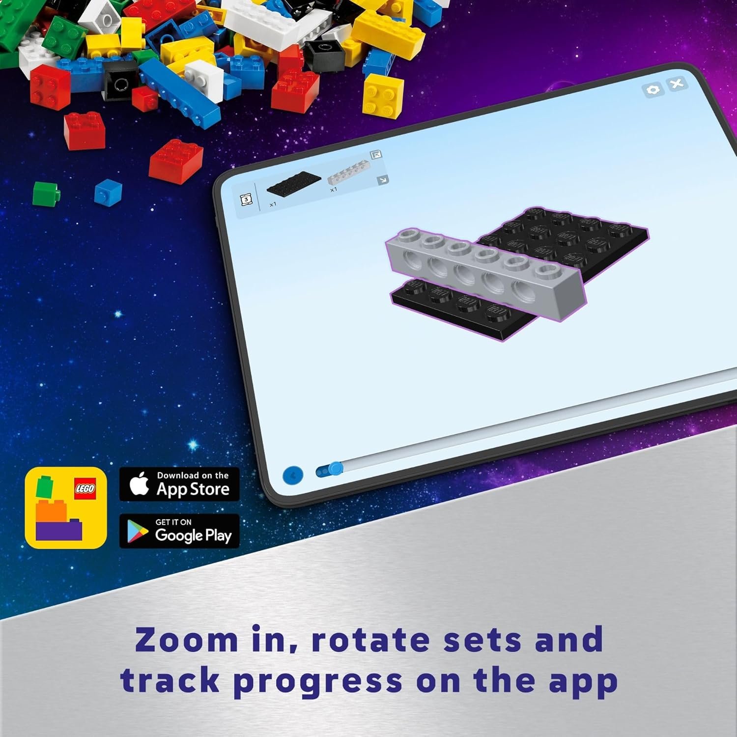 A digital tablet displays step-by-step LEGO building instructions with scattered LEGO bricks nearby and app store icons shown below.