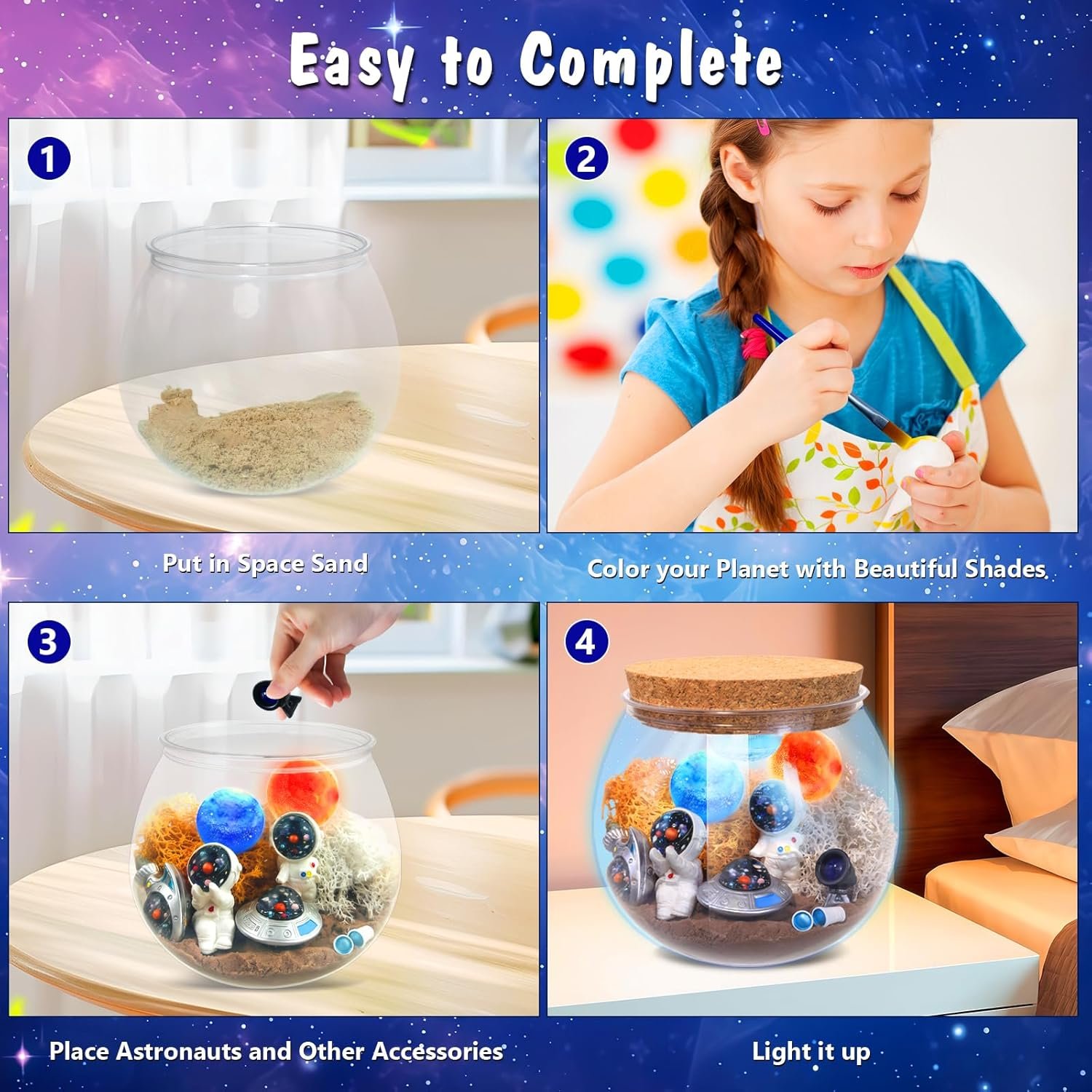 Step-by-step instructions show making a space-themed jar: add sand, color planets, place astronauts and accessories, then light it up.