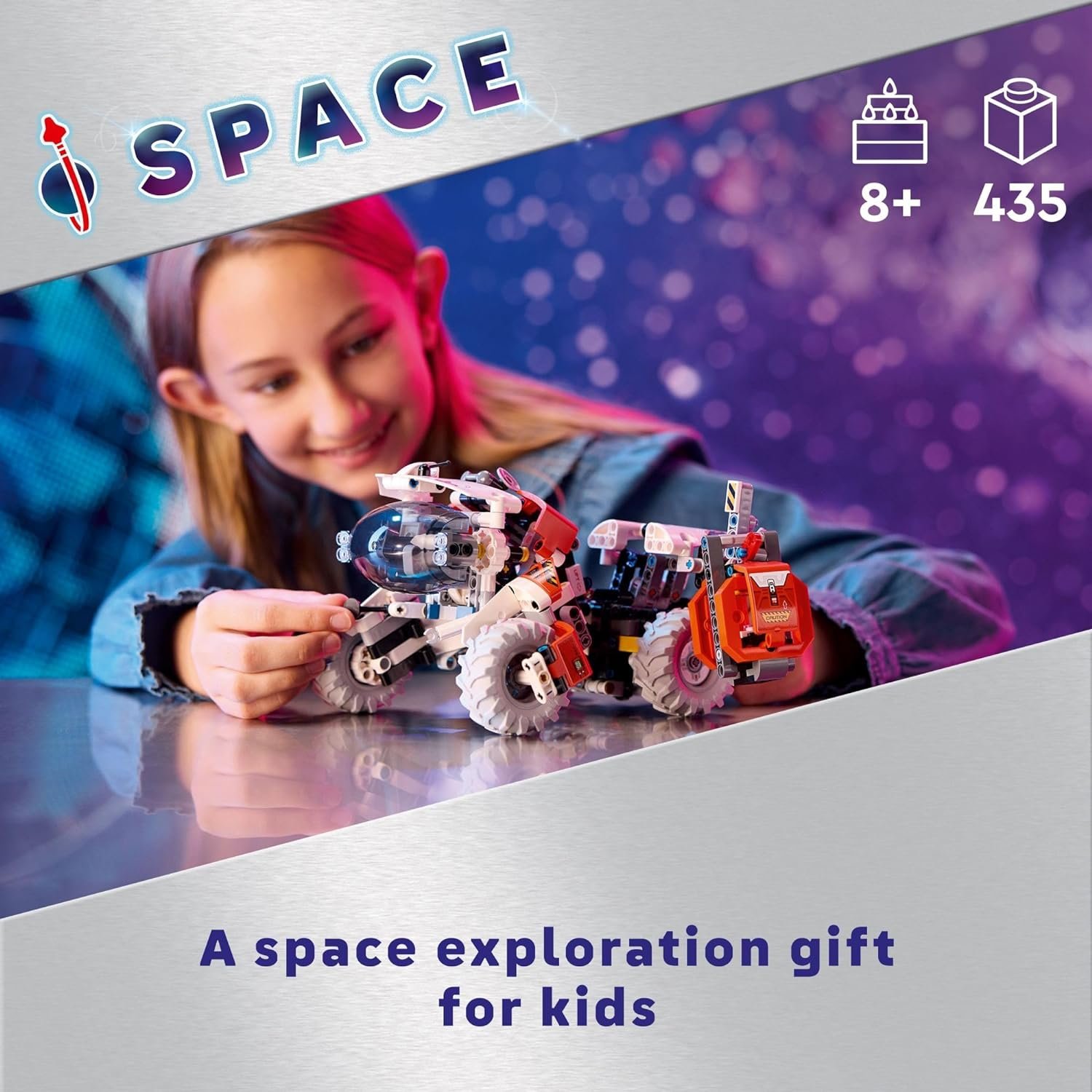 A child plays with a space-themed toy rover on a reflective surface, with packaging text promoting it as a space exploration gift for kids ages 8 and up, 435 pieces.