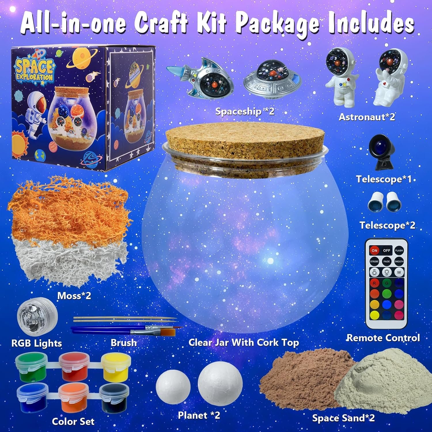 All-in-one space-themed craft kit with clear jar, cork top, moss, planet, spaceships, astronauts, telescopes, RGB lights, color set, brush, sand, and remote control.