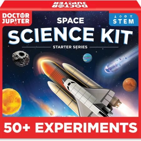 Box of "Doctor Jupiter Space Science Kit" for kids, featuring a space shuttle, planets, asteroid, and comet illustrations, labeled with "50+ Experiments" and "STEM" symbols.
