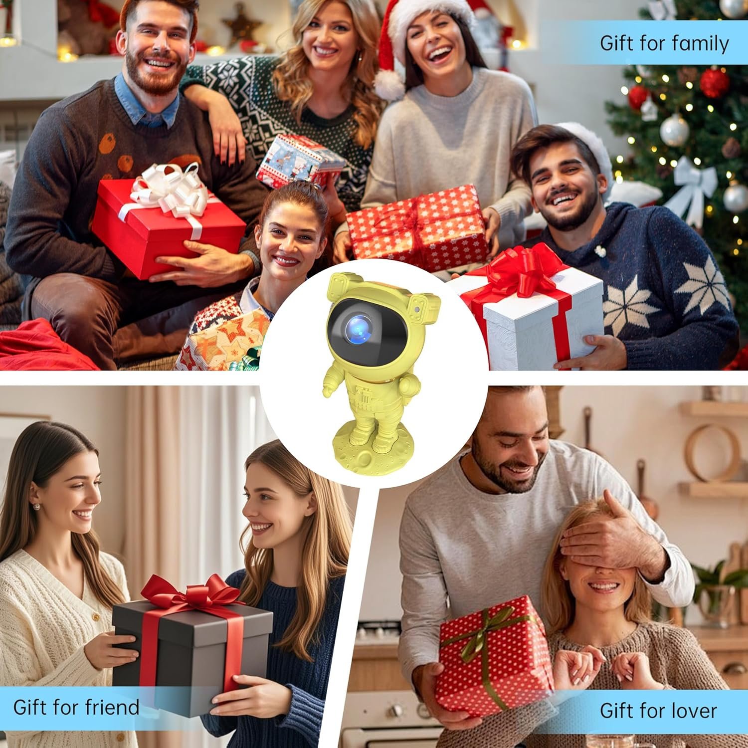 Four people exchanging gifts near a Christmas tree, and two smaller images: two women exchanging a present and a man surprising a woman with a gift. Gold astronaut figurine in the center.