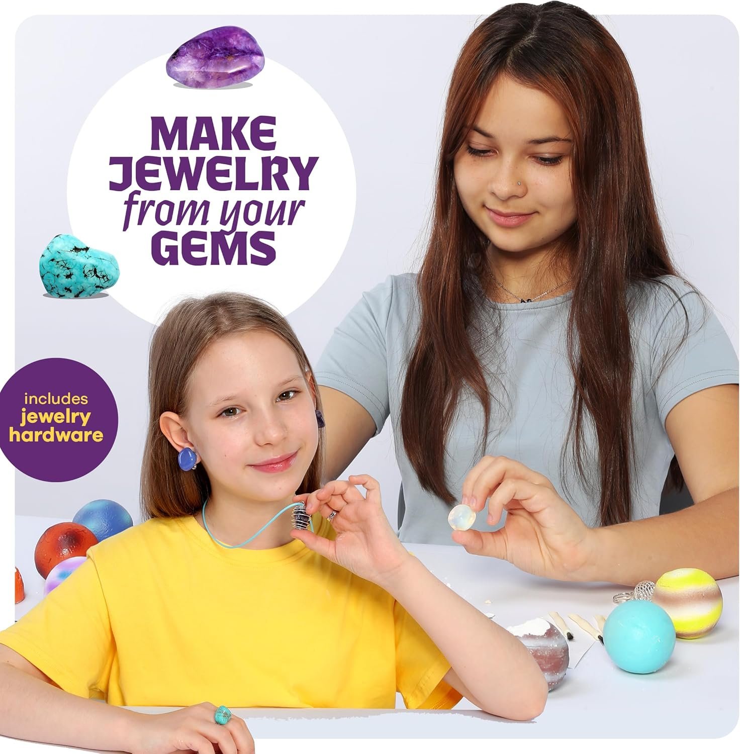 An adult helps a child make jewelry using gems. The text reads, "Make jewelry from your gems; includes jewelry hardware." Various gemstones and jewelry materials are on the table.