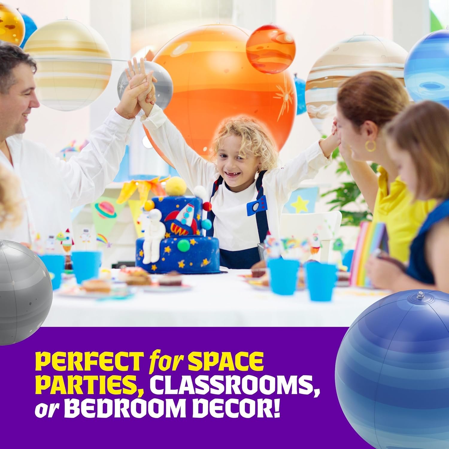 A child celebrates a birthday at a table with space-themed decorations and a cake, surrounded by adults. Slogan below reads: “Perfect for space parties, classrooms, or bedroom decor!”.