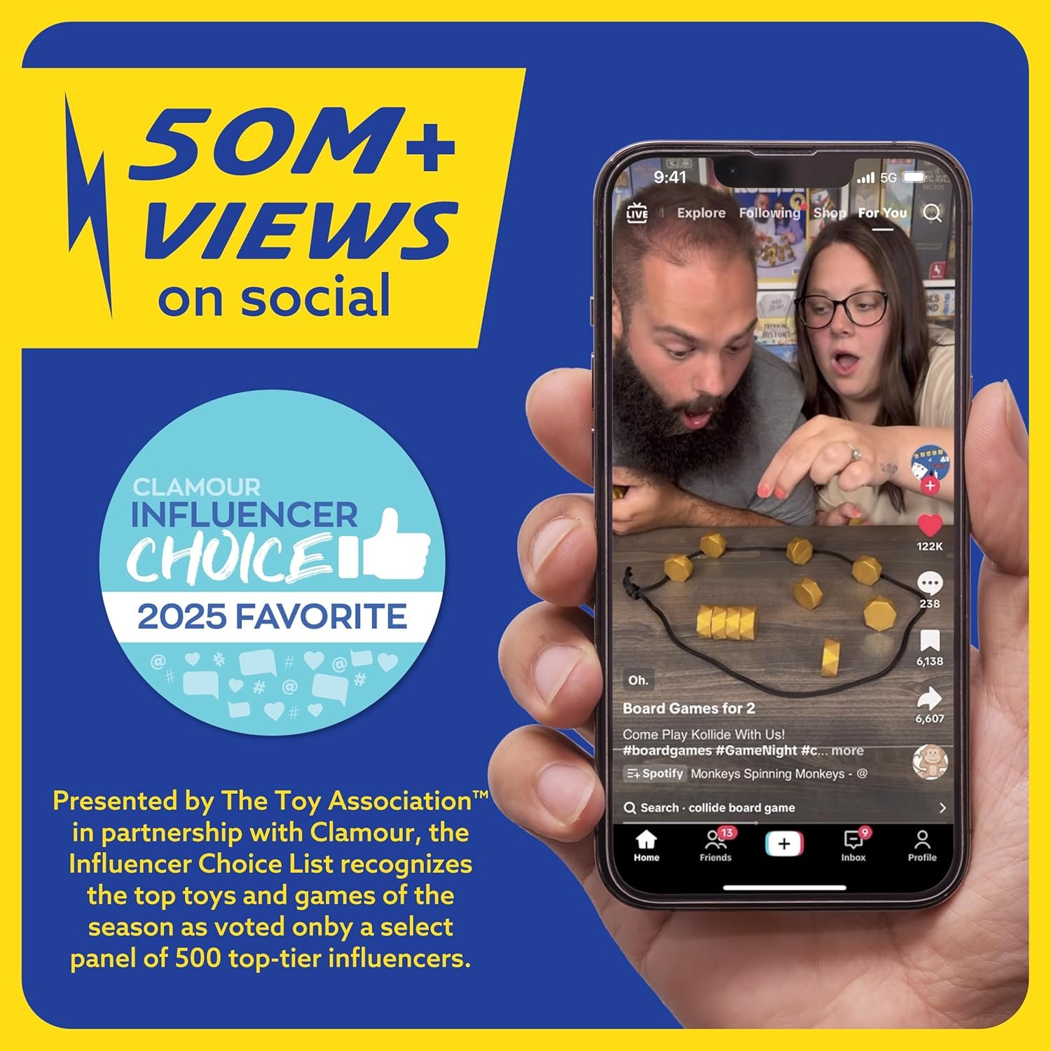 A promotional graphic highlights a phone showing two people playing a board game, with text noting 50M+ social views and a 2025 Clamour Influencer Choice award for top toys and games.