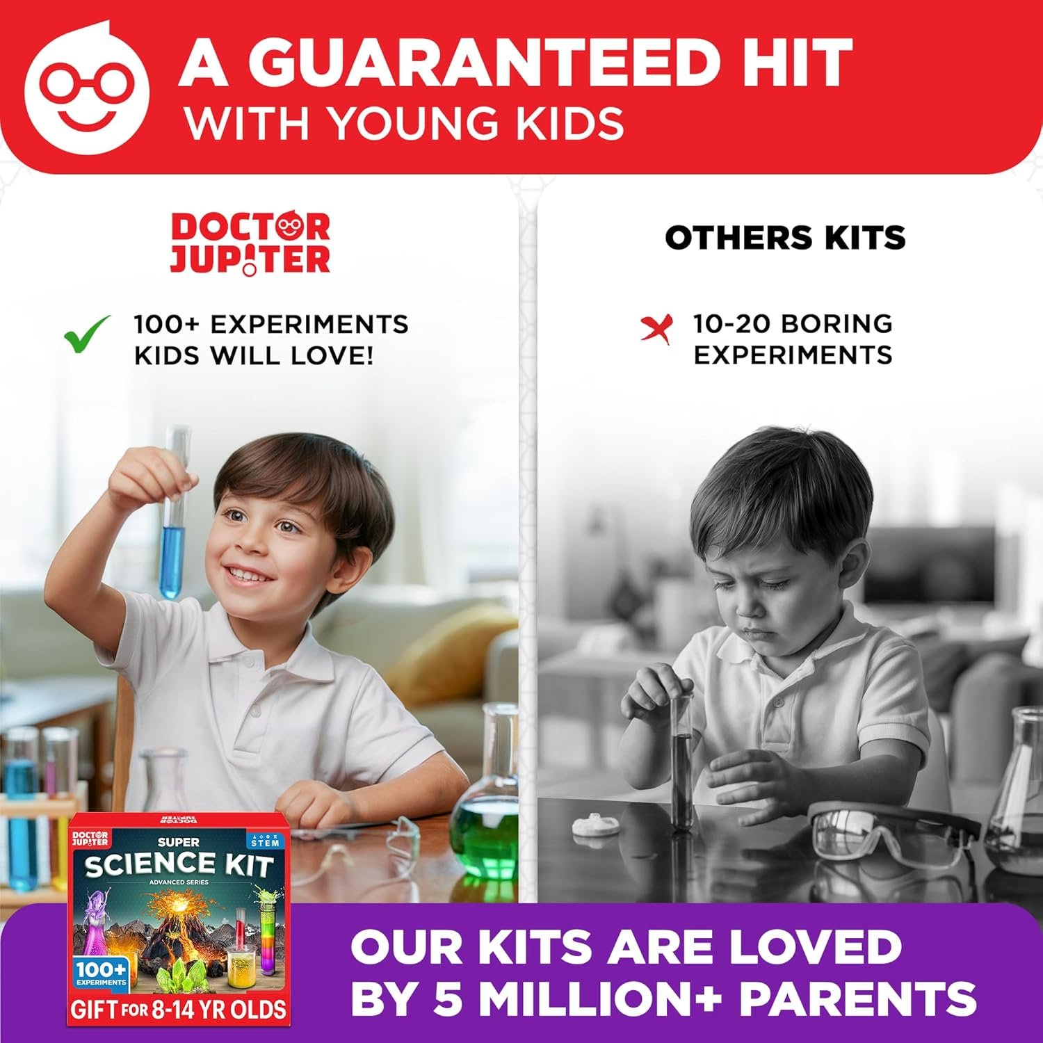 Split image compares a smiling child using a colorful science kit on the left to a bored child with a basic kit on the right; text highlights Doctor Jupiter's 100+ experiments.