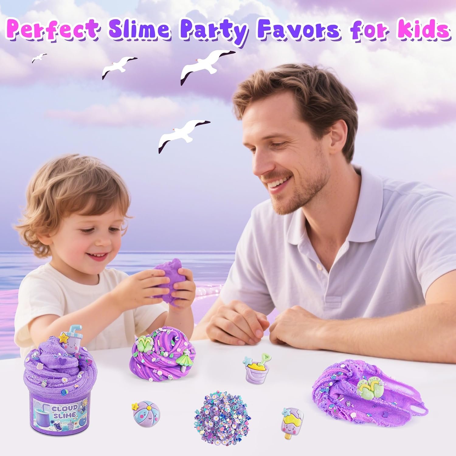 An adult and a child play with purple slime at a table, with various slime and accessories displayed; a pastel beach scene is in the background.