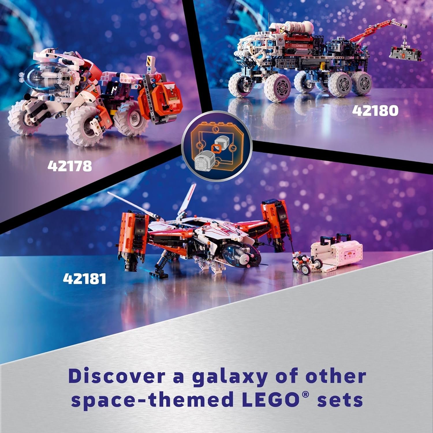 Three LEGO space-themed sets (42178, 42180, 42181) displayed on a purple starry background with the text “Discover a galaxy of other space-themed LEGO sets” at the bottom.