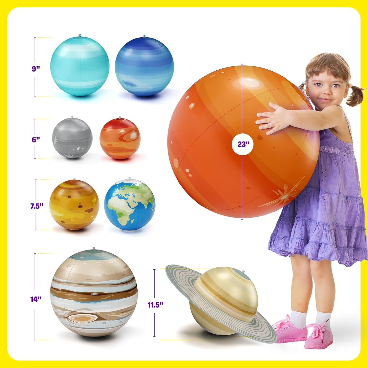 A young girl in a purple dress holds a 23-inch inflatable planet; other inflatable planets of various sizes and designs are displayed beside her with measurements.