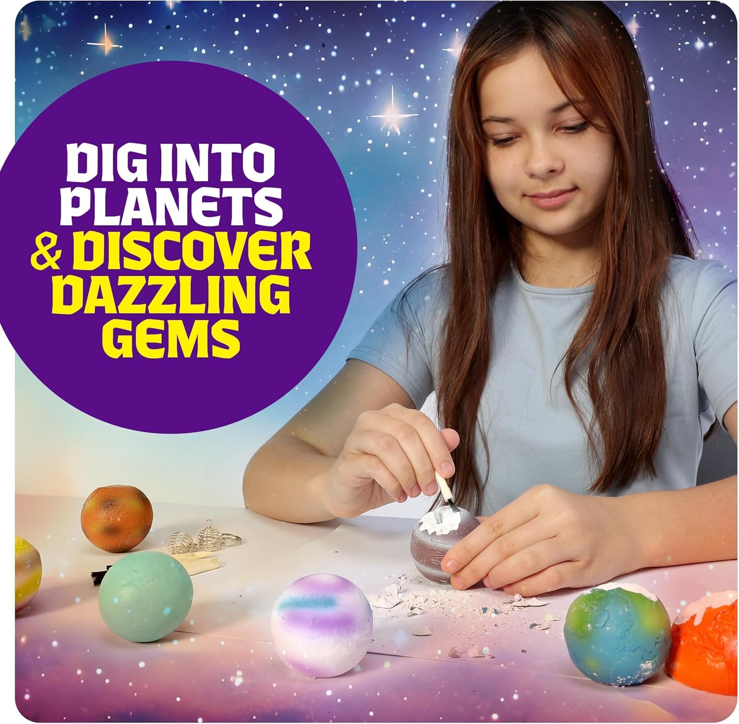 A girl uses a tool to dig into a round planet-shaped object, surrounded by other colorful planet models, with a text bubble that reads, "Dig into planets & discover dazzling gems.