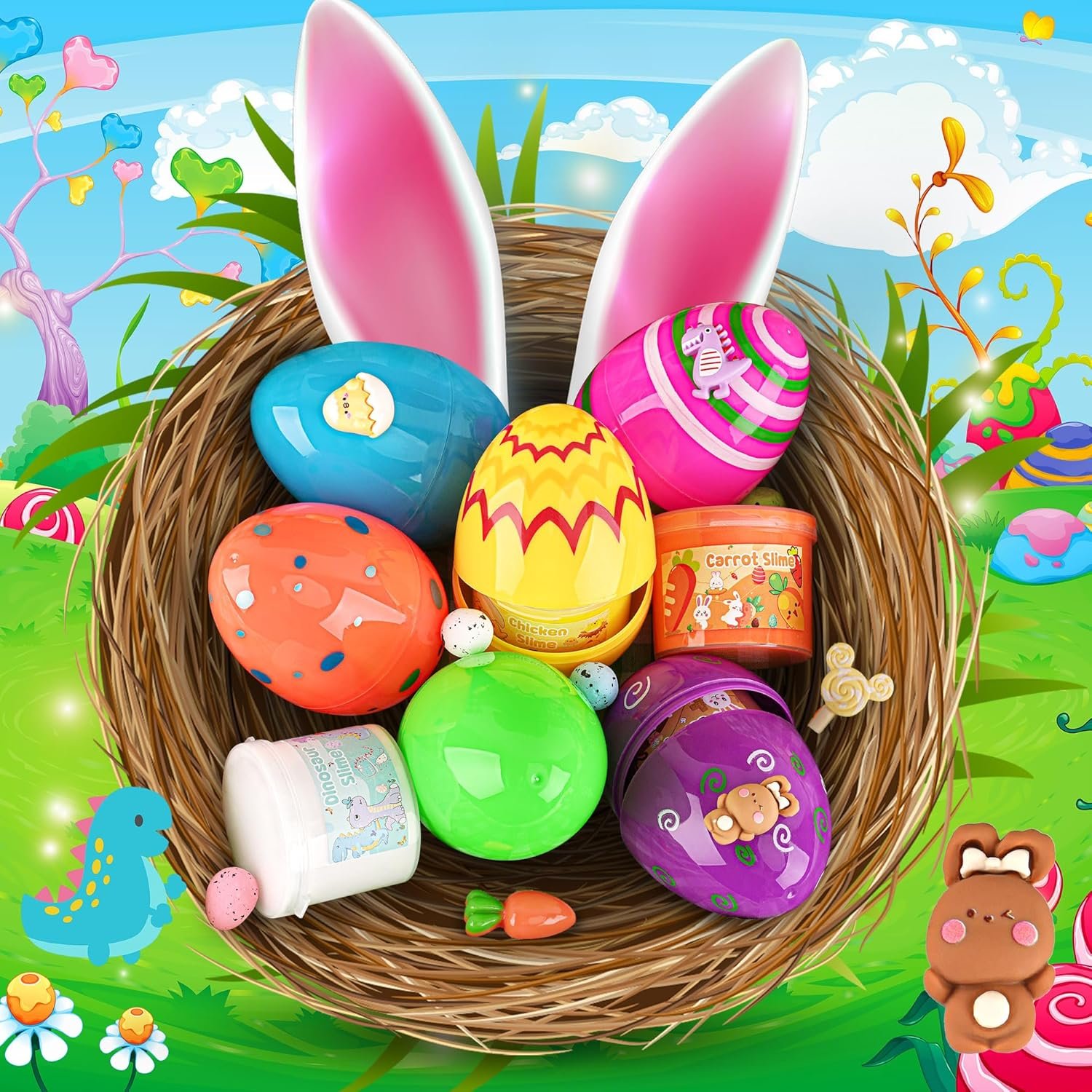 A nest filled with colorful Easter eggs, jars, and candies, with large bunny ears attached, set against a bright, cartoonish spring background.
