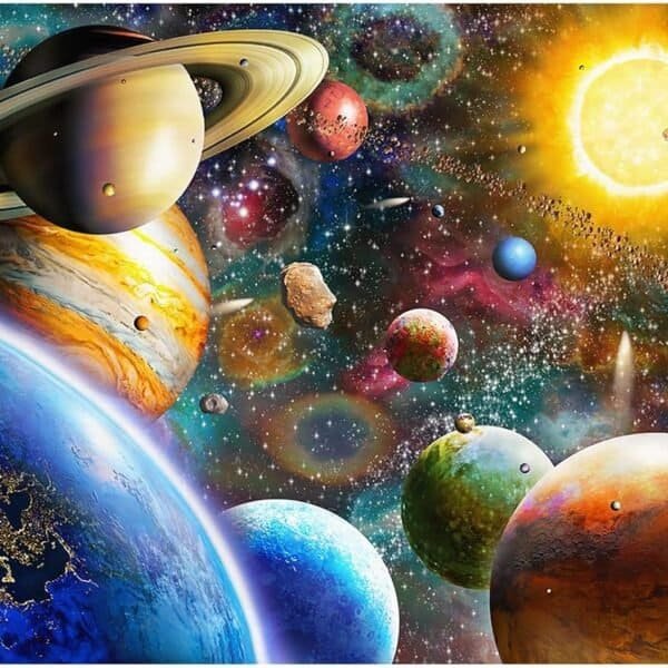 Colorful illustration of various planets, including Saturn and Jupiter, with a bright sun and stars in a vibrant outer space scene.