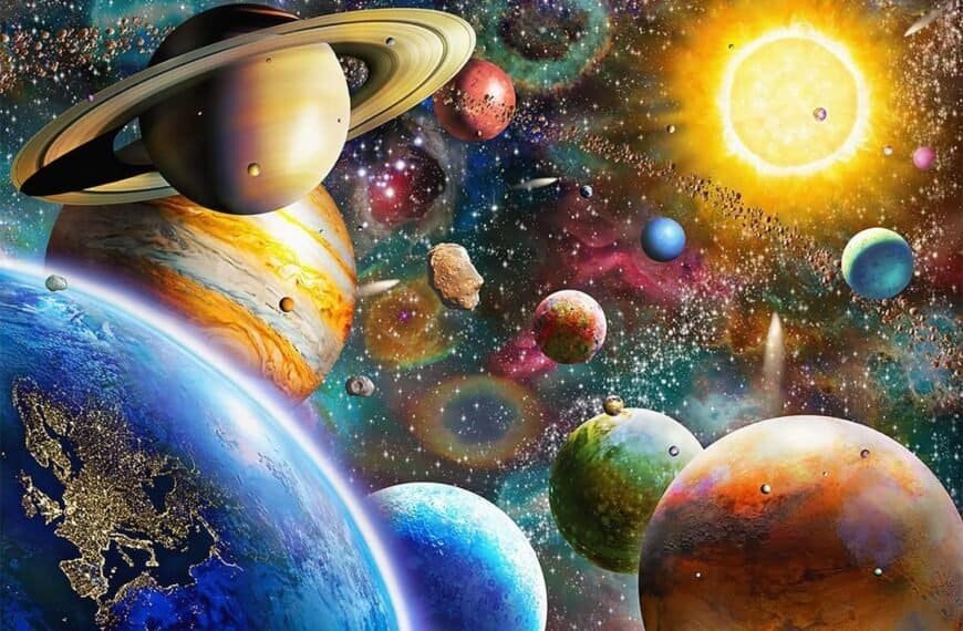 Colorful illustration of various planets, including Saturn and Jupiter, with a bright sun and stars in a vibrant outer space scene.
