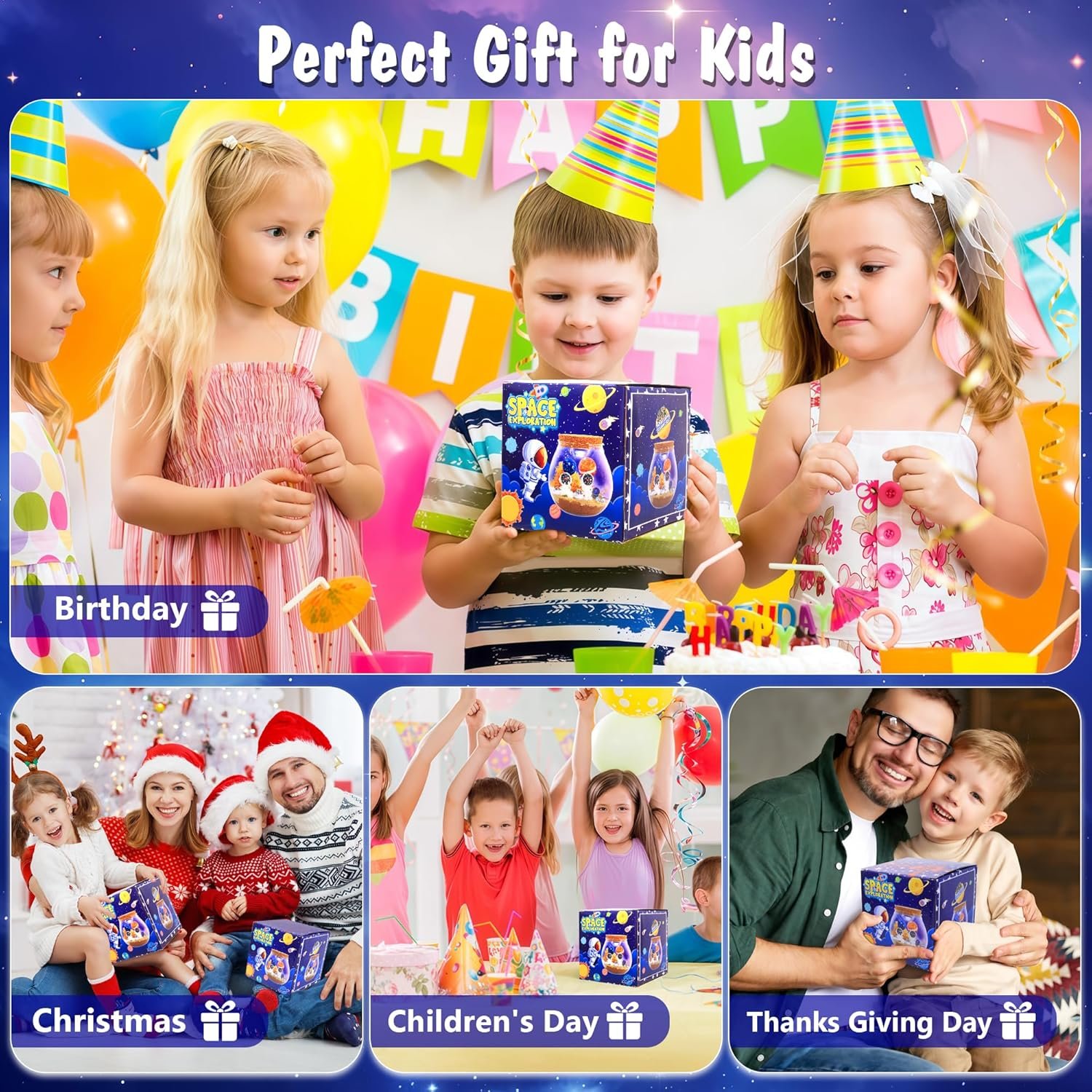 Children wearing party hats celebrate with a toy box, with additional images showing kids and adults gifting the toy on Christmas, Children's Day, and Thanksgiving Day.
