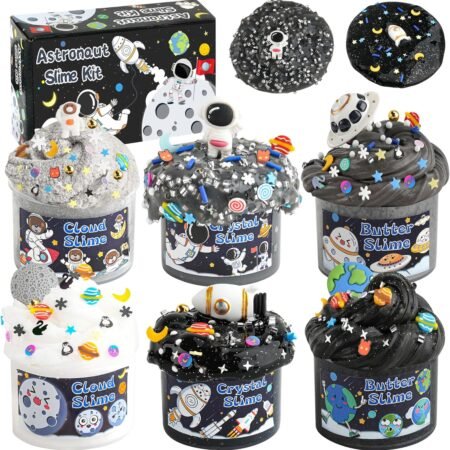 Astronaut slime kit with assorted space-themed decorations and containers labeled Cloud Slime, Crystal Slime, and Butter Slime, shown with packaging.