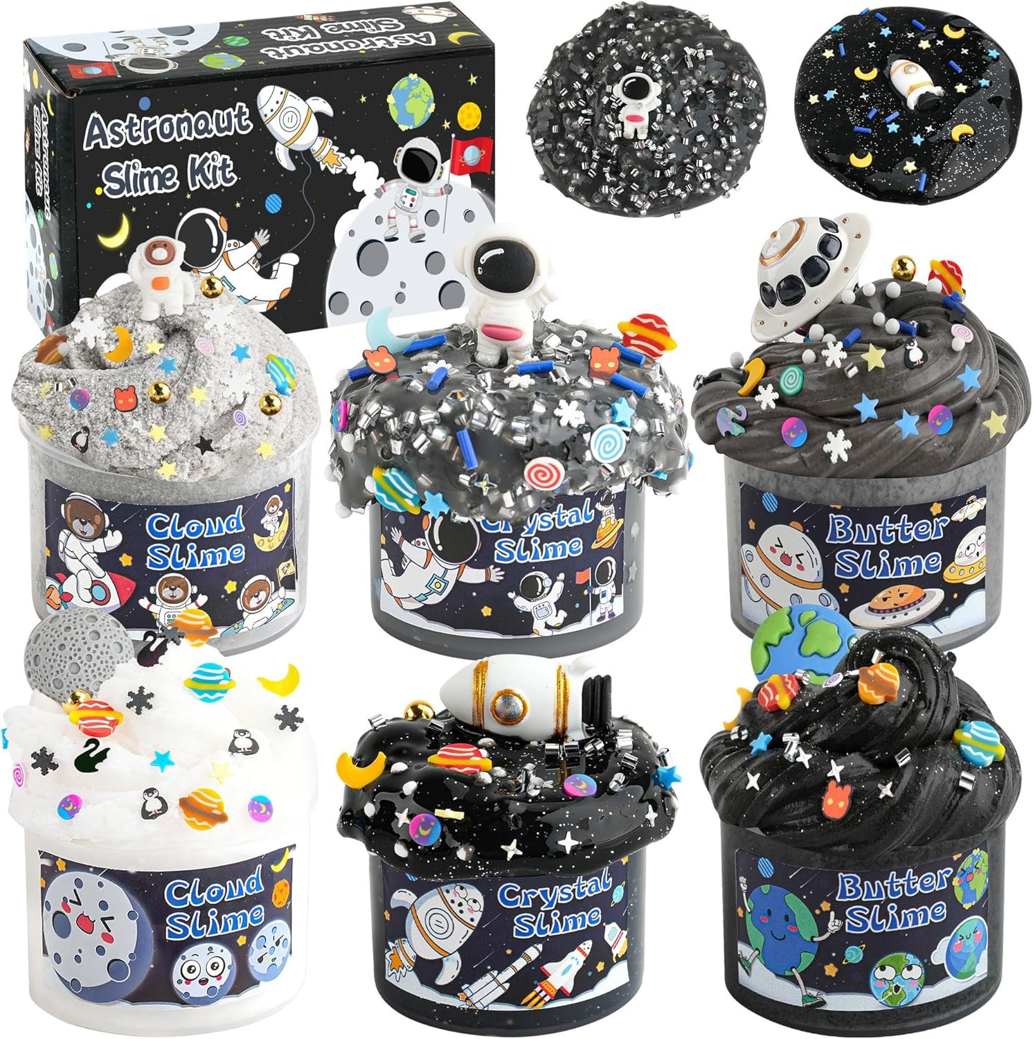 Astronaut slime kit with assorted space-themed decorations and containers labeled Cloud Slime, Crystal Slime, and Butter Slime, shown with packaging.