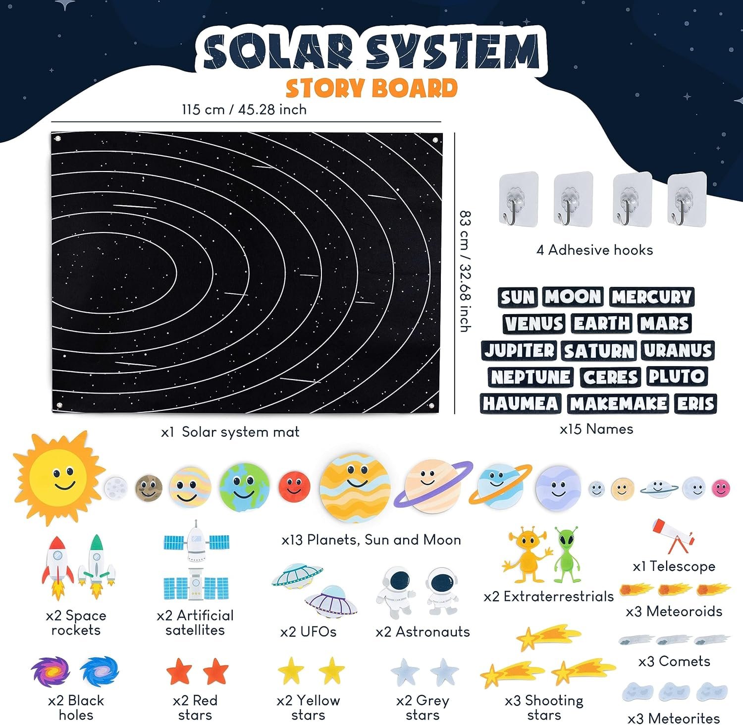 Solar system storyboard set includes a space backdrop, labels for planets and moons, adhesive hooks, and various space-themed stickers such as rockets, astronauts, and celestial bodies.