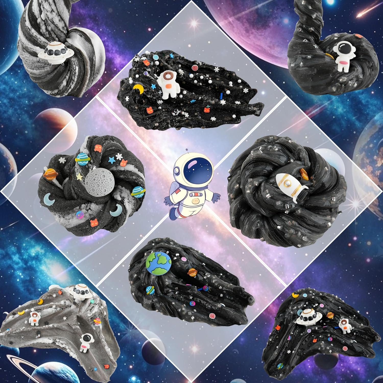 Nine swirls of black and silver galaxy-themed slime with space-themed decorations are arranged on a diamond grid over a space background with planets and stars.