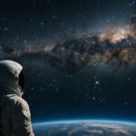 An astronaut in a spacesuit looks out into space above Earth, surrounded by countless stars, with the Milky Way galaxy visible in the background.