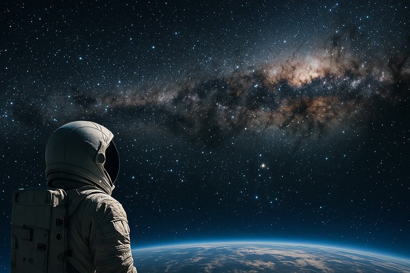What astronauts really see when they look at the stars? 11 An astronaut in a spacesuit looks out into space above Earth, surrounded by countless stars, with the Milky Way galaxy visible in the background.