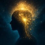 Silhouette of a human head with glowing golden neural network-like lines radiating from the brain, evoking the soul’s energy, set against a dark, starry background.