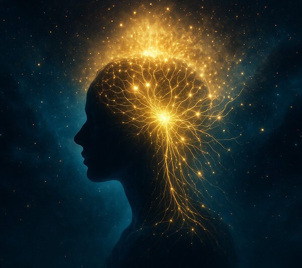 Silhouette of a human head with glowing golden neural network-like lines radiating from the brain, evoking the soul’s energy, set against a dark, starry background.