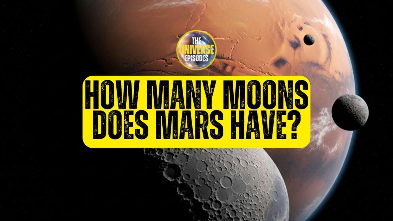 How many moons does mars have? 12 Text graphic featuring the question "How many moons does Mars have?" displayed over an illustration of Mars with its two moons, Phobos and Deimos, visible in space.