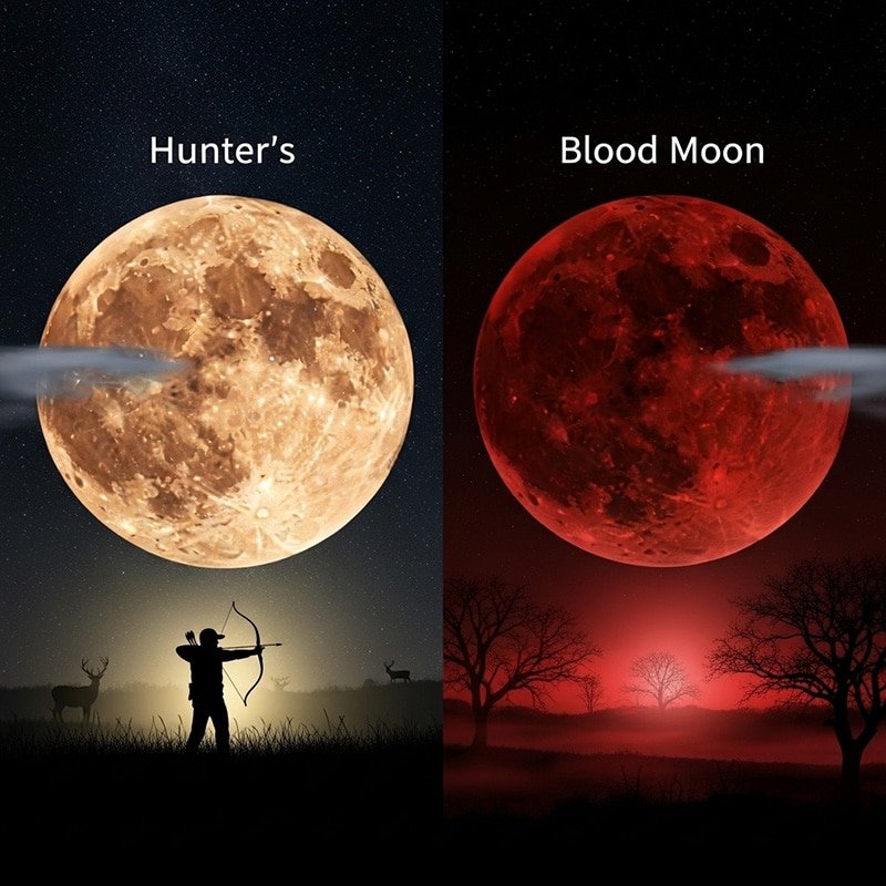 What does the hunter moon symbolize? 3 Split image showing a large golden Hunter's Moon with a silhouetted archer and deer on the left, and a red Blood Moon with silhouetted trees and a glowing red sky on the right.