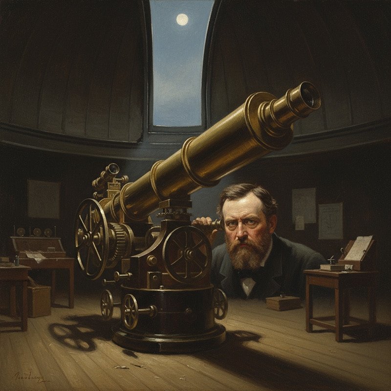 How many moons does mars have? 4 A man with a beard looks through a large brass telescope inside an observatory at night, pondering questions like "How many moons does Mars have?" as the moon shines through the open dome above.