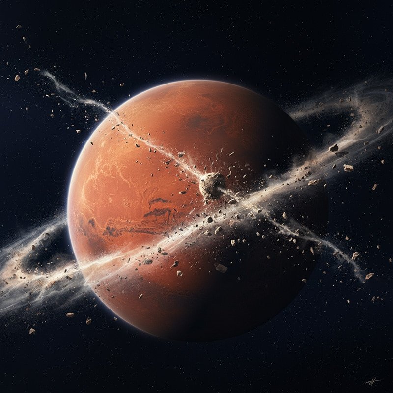 How many moons does mars have? 3 A red planet in space, known for the question "How many moons does Mars have," is struck by a large asteroid, creating rings of debris that encircle the planet.