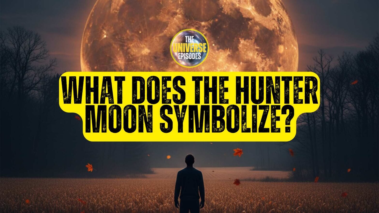 What does the hunter moon symbolize? 15 A person stands in a field at night, gazing at a large orange Hunter's Moon with the text "What does the Hunter Moon symbolize?" in bold yellow letters.