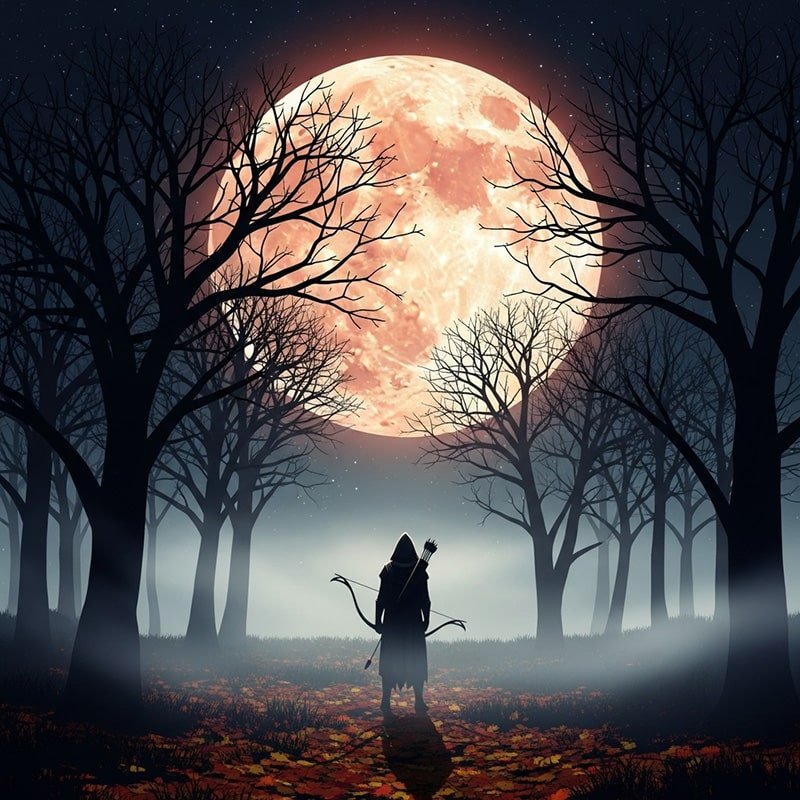 What does the hunter moon symbolize? 2 A hooded figure with a bow stands in a dark forest under leafless trees, facing the Hunter's Moon glowing brightly in the misty night sky.