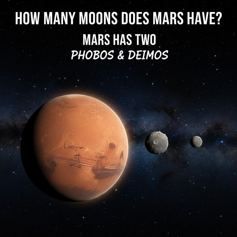How many moons does mars have? 1 Image showing Mars and its two moons, Phobos and Deimos, with text answering "How many moons does Mars have?"—Mars has two moons named Phobos and Deimos.