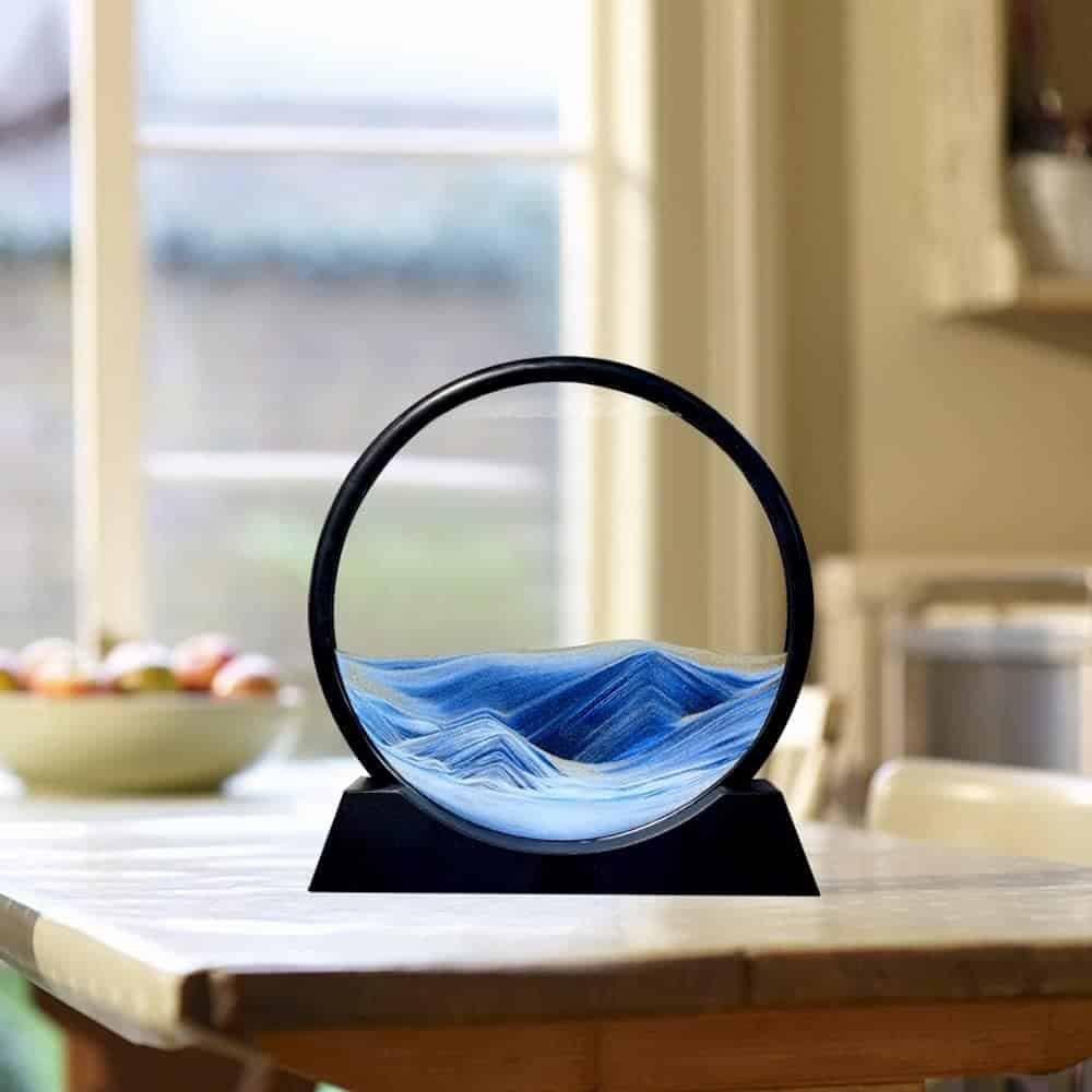 Aoderun Moving Sand Art Picture Round Glass 3D Deep Sea Sandscape in Motion Display Flowing Sand Frame Relaxing Desktop Home Office Work Decor (7", Blue)
