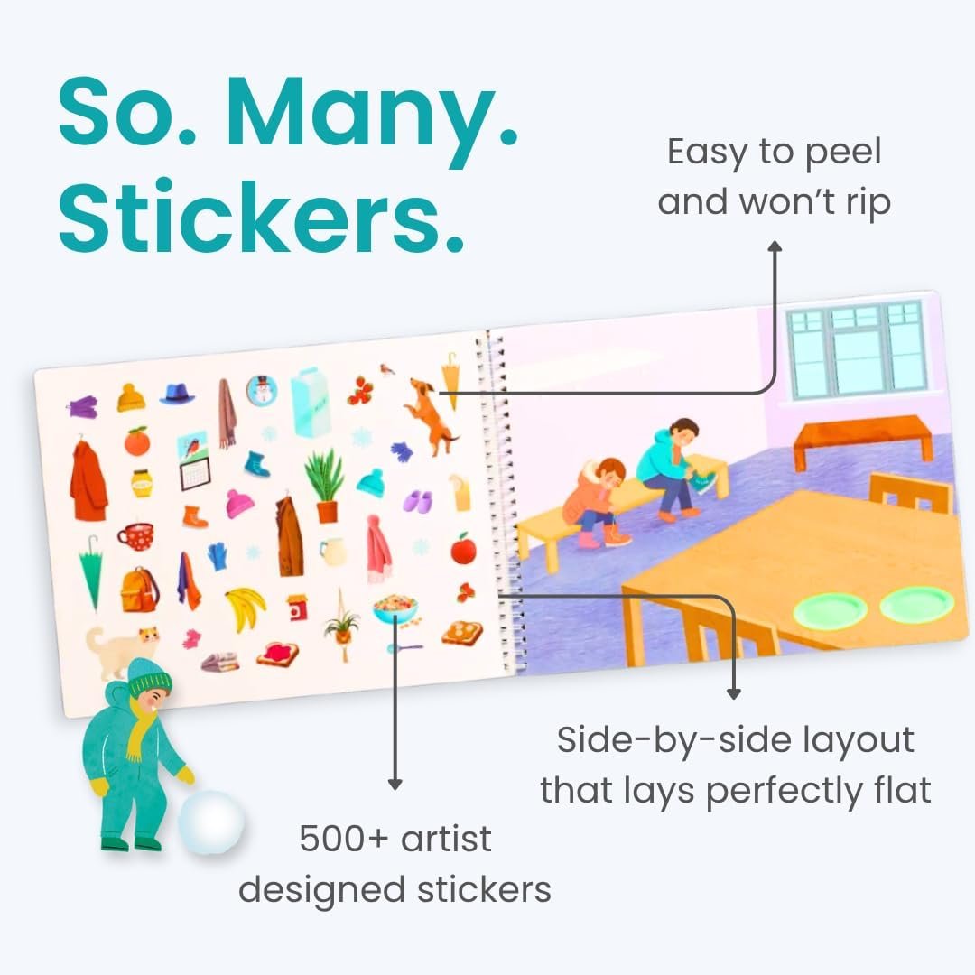 An open sticker book displays over 500 artist-designed stickers on one page and a scene with children on the other; text highlights easy-to-peel stickers and a flat, side-by-side layout.