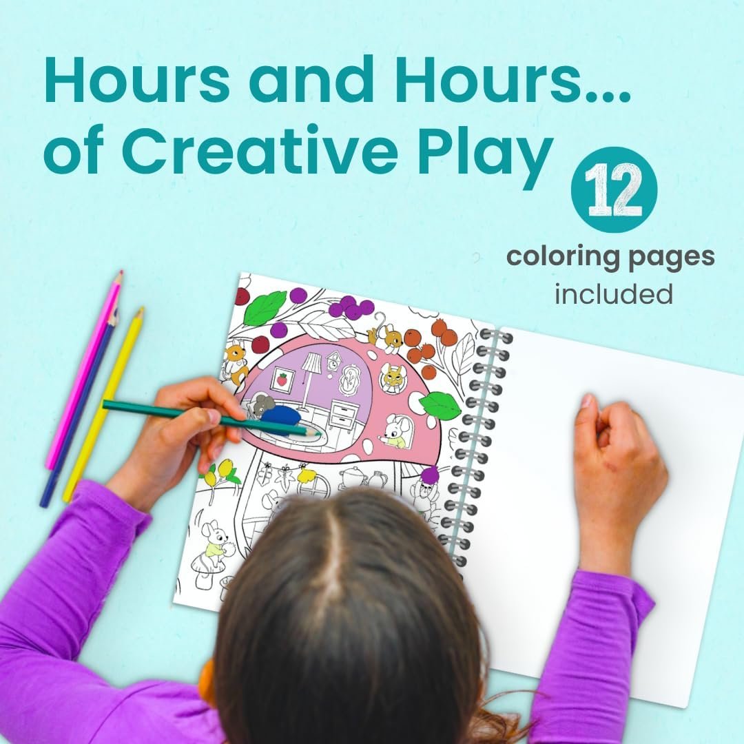 A child in a purple shirt colors a page in a spiral-bound coloring book, with colored pencils and text saying "12 coloring pages included.
