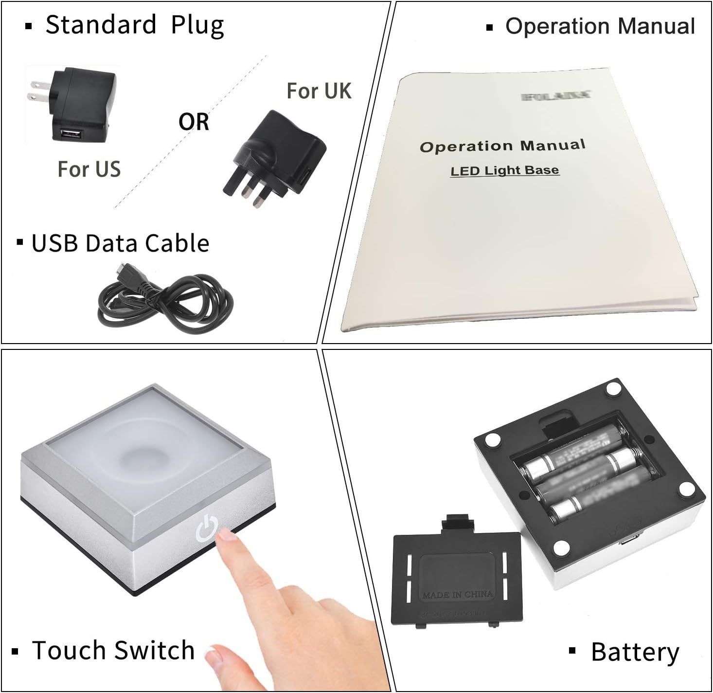 Photo showing contents of an LED light base kit: plug adapters for US and UK, USB cable, operation manual, light base with touch switch, and battery compartment.