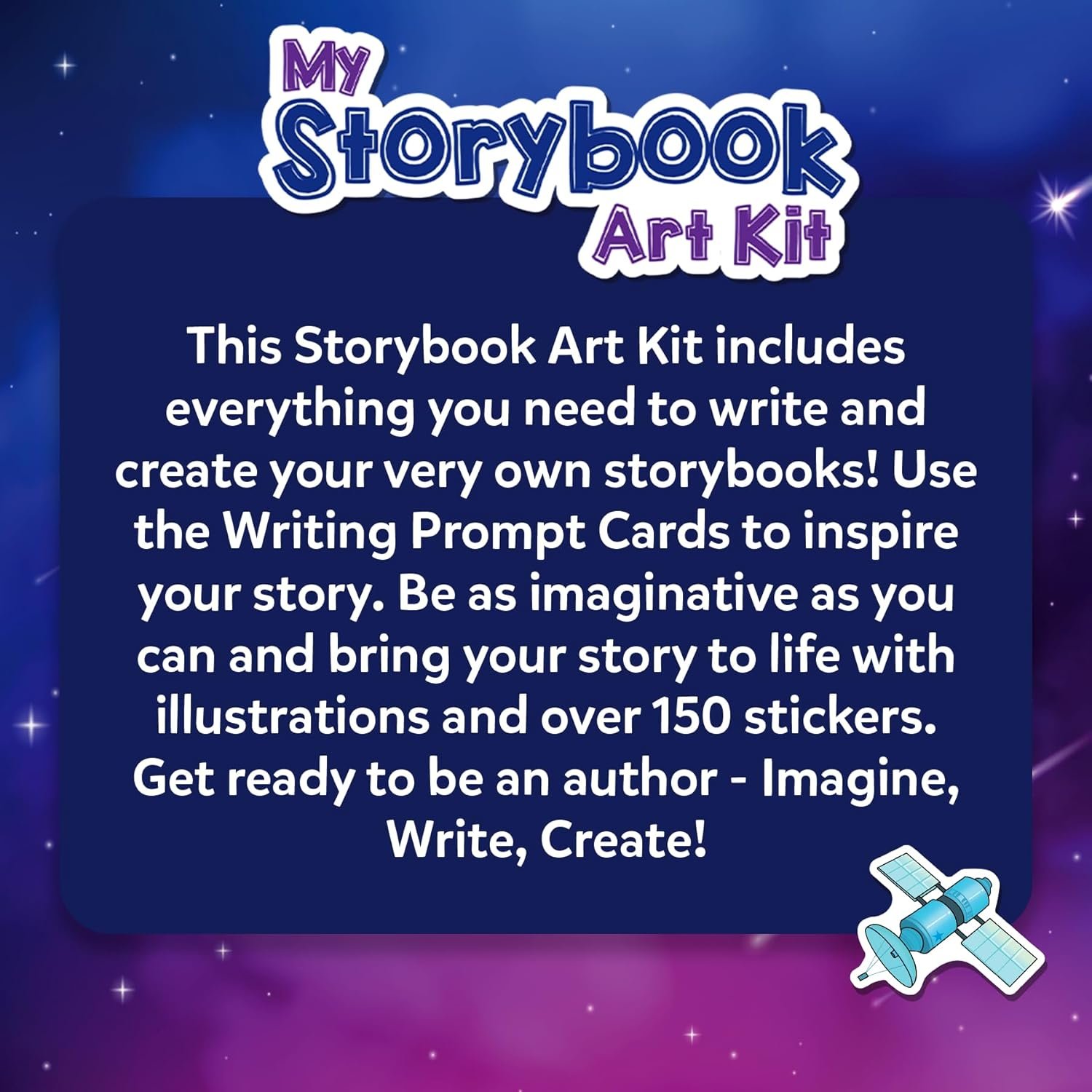 My Storybook Art Kit includes writing prompt cards, illustrations, and over 150 stickers for creating custom storybooks.