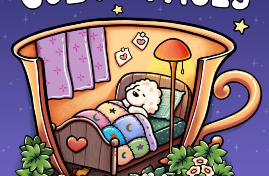 Illustration of a sheep sleeping in a bed inside a large teacup, with a night sky, blanket, lamp, plants, and the text "Cozy Spaces" above.