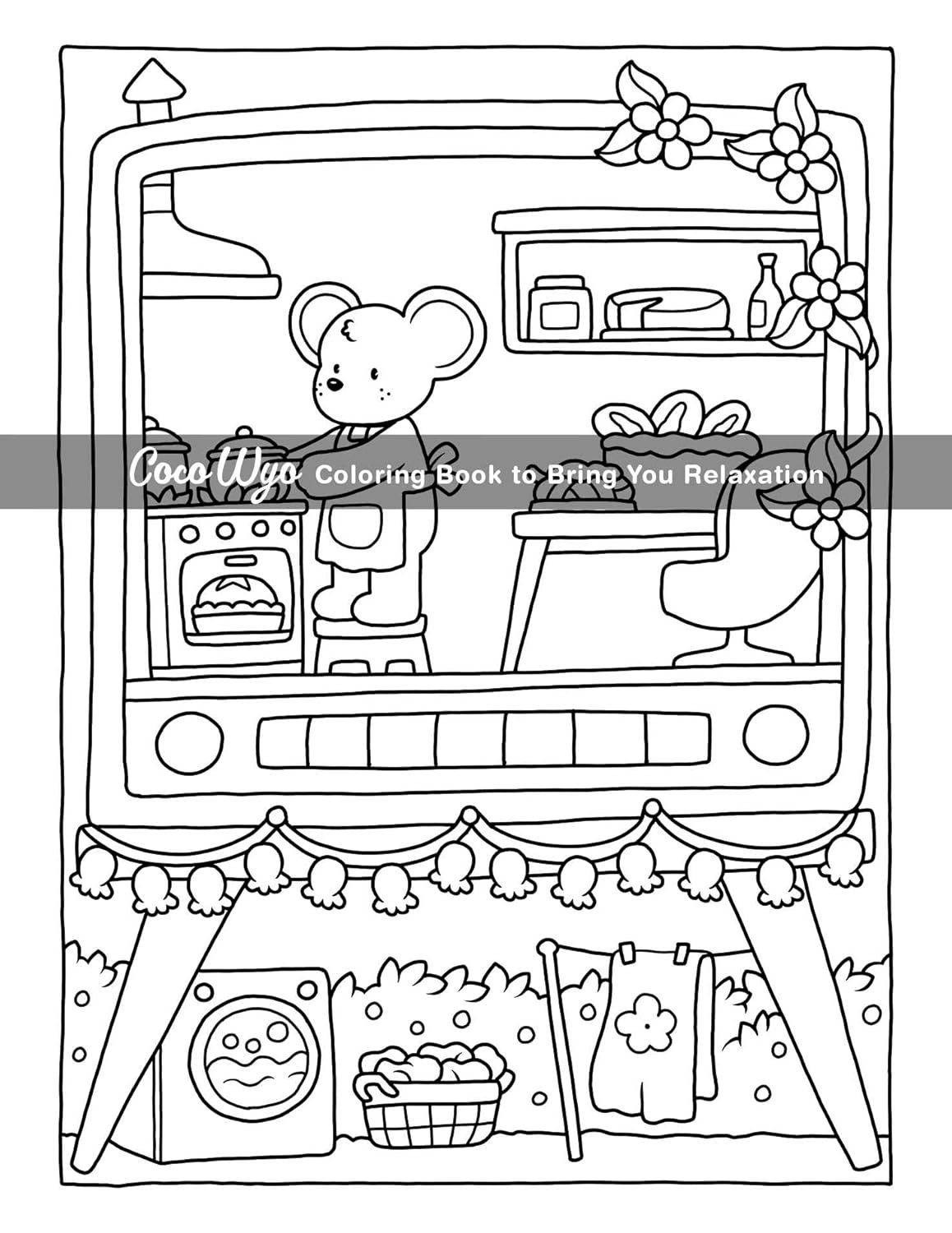 A mouse stands in a kitchen with an oven and shelves, inside a retro TV frame. Below, there is a laundry basket and clothes hanging on a line.
