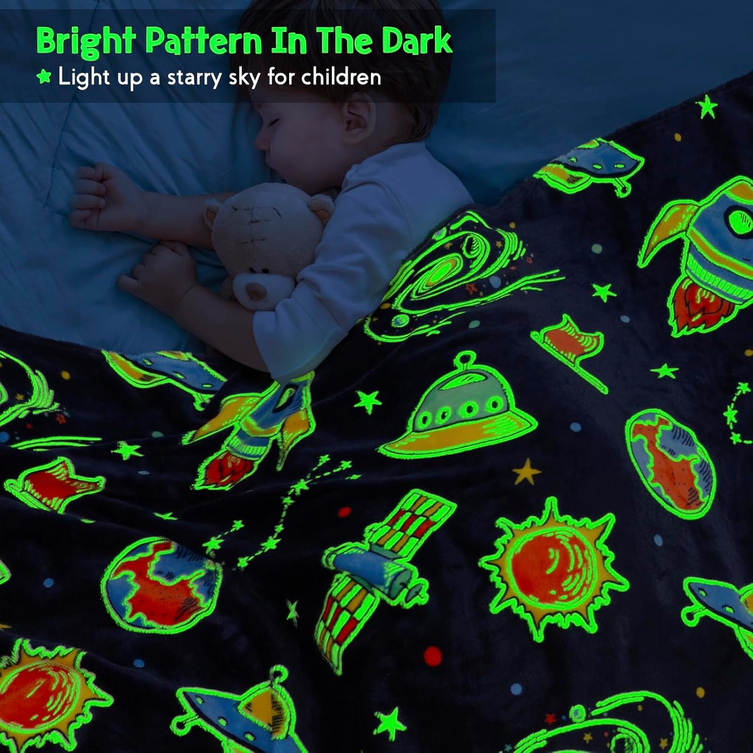 A child sleeps under a blanket with glow-in-the-dark space-themed patterns, holding a stuffed animal. Text overlay highlights the blanket's bright pattern in the dark.