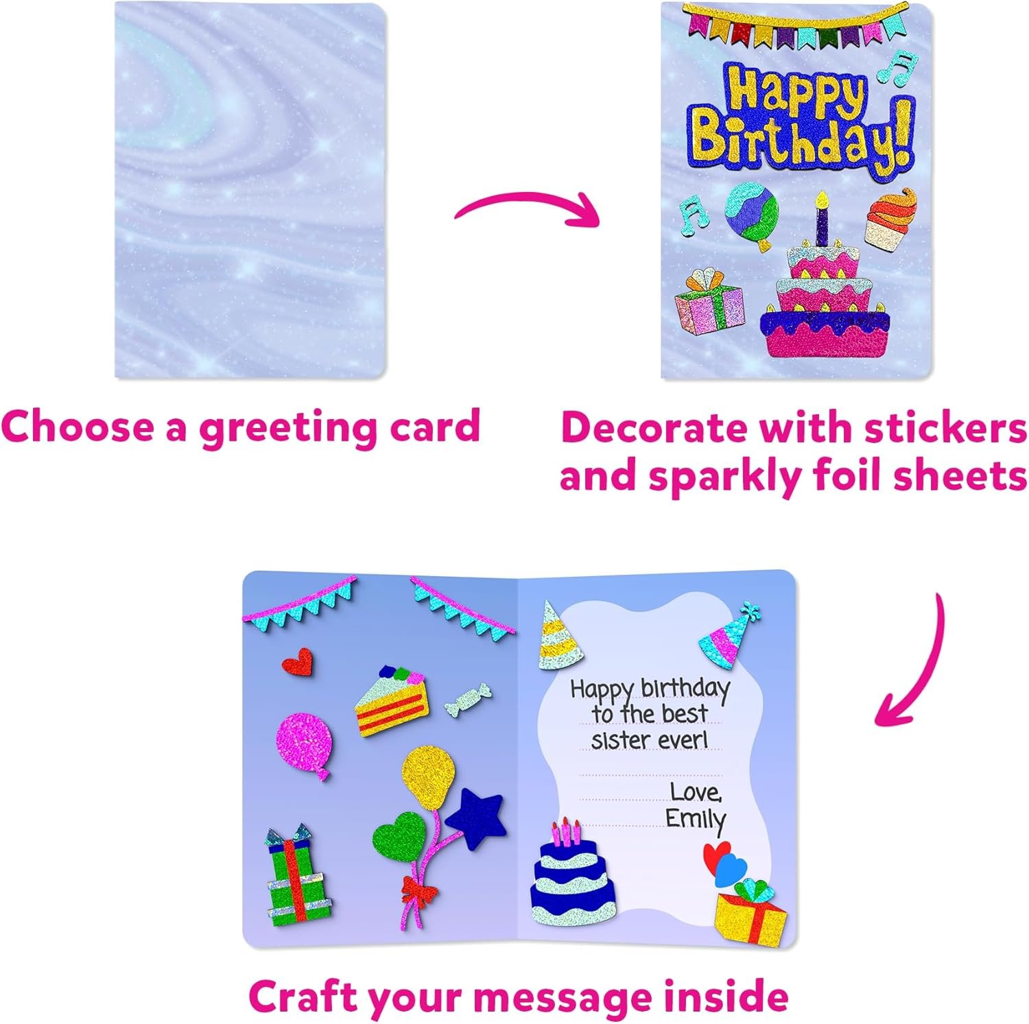 Three steps shown: choose a greeting card, decorate it with stickers and foil sheets, and write a personalized message inside.