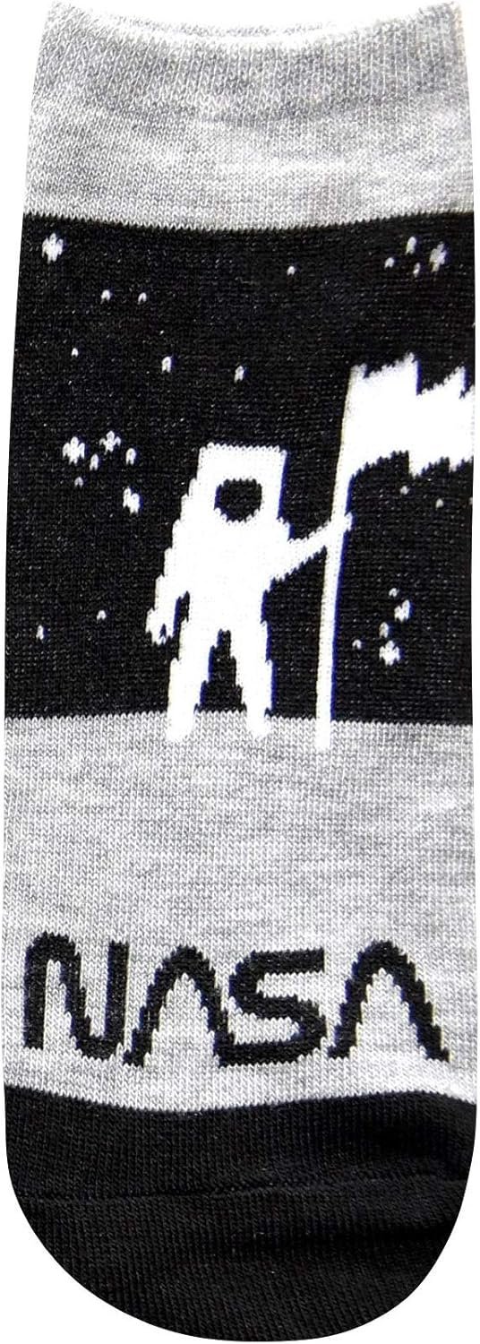 A sock featuring a pixelated astronaut planting a flag on a starry background with the word "NASA" printed below.