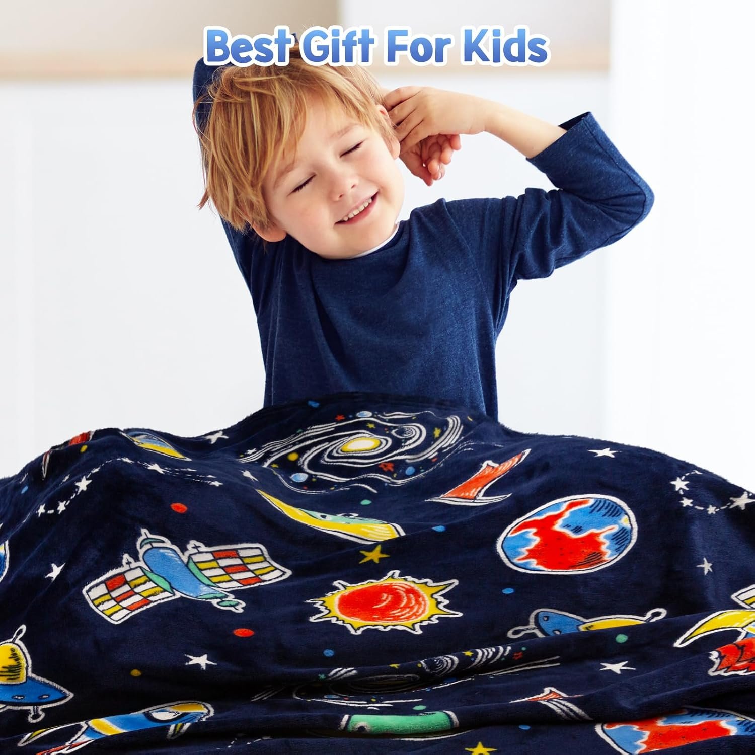 Jekeno Space Toys Gifts for Boys Girls - Glow in The Dark Galaxy Blanket Christmas Birthday Valentines Easter Decor Presents for Grandkids Age 1-14 Year Old Kids Spaceship Rocket Planet Throw 50"x60