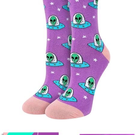 Purple socks with pink accents featuring a repeated pattern of green aliens in UFOs; includes SockFun packaging and a close-up of the sock design.
