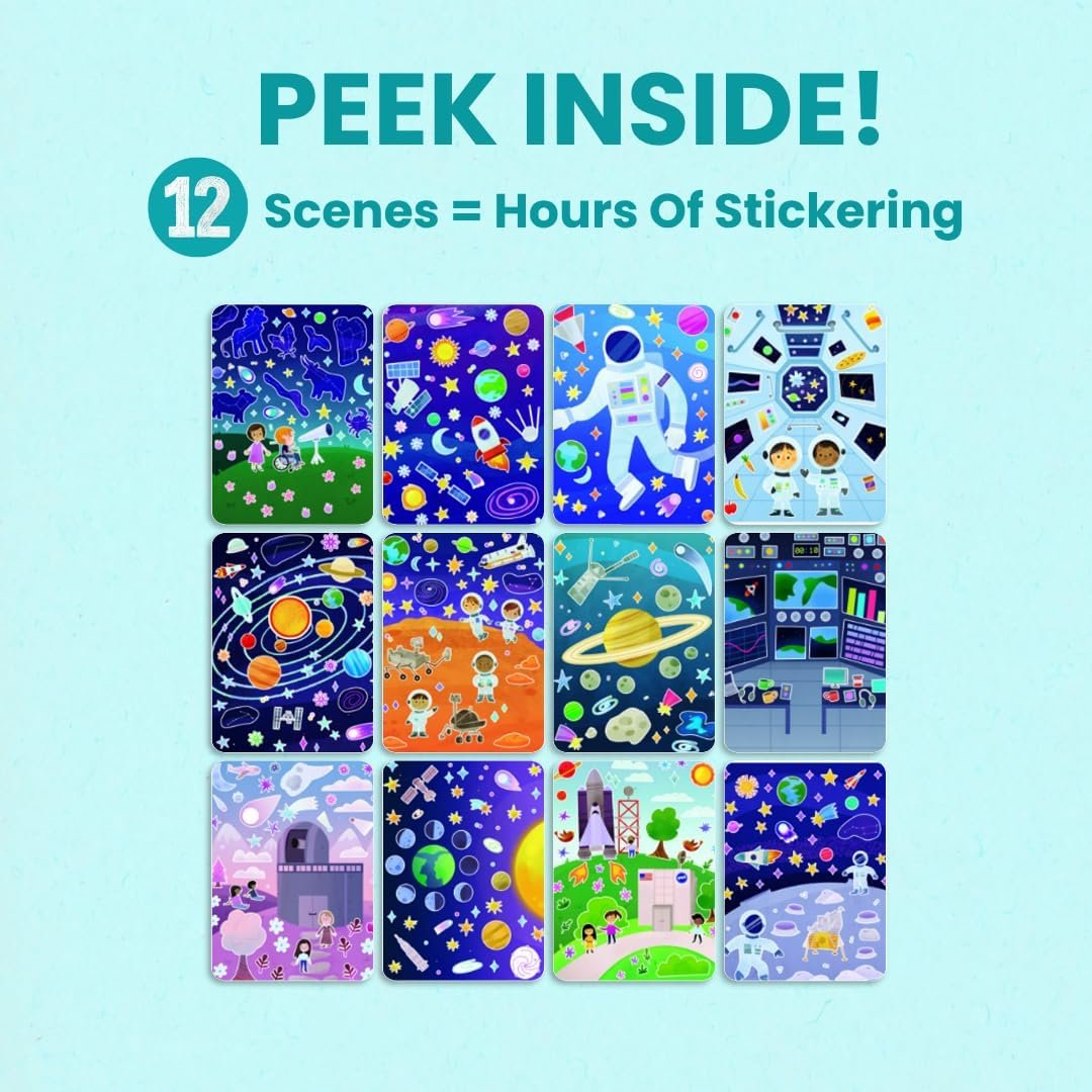 A grid of 12 colorful, illustrated space-themed scenes is shown with the text "Peek Inside! 12 Scenes = Hours of Stickering" at the top.